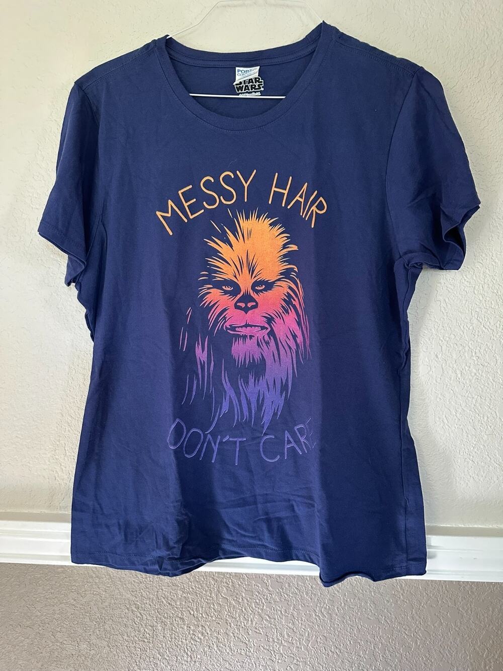 Star Wars Chewbacca Shirt Womens XXL Messy Hair Don't Care Navy Blue Graphic